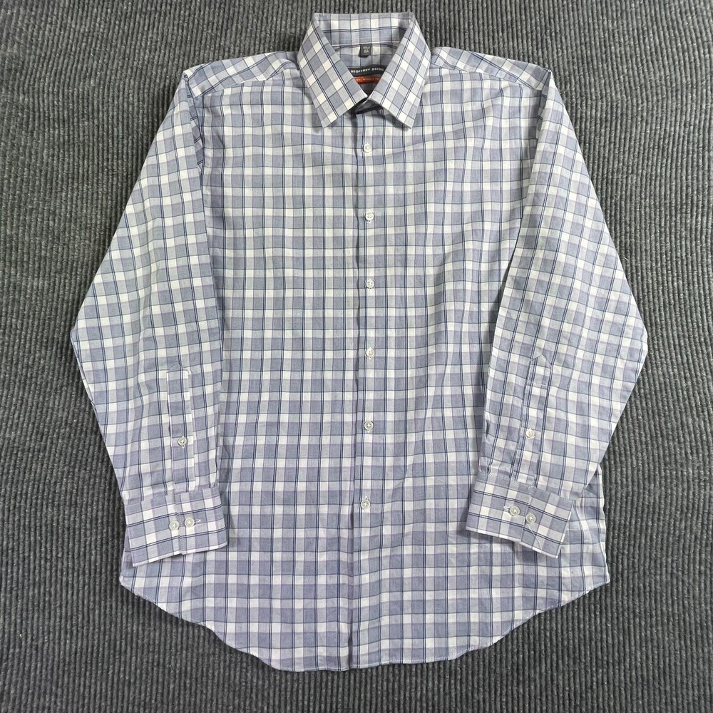 Geoffrey Beene Shirt Mens 16 XL Gray Plaid Button UP Fitted Wrinkle Free Wedding